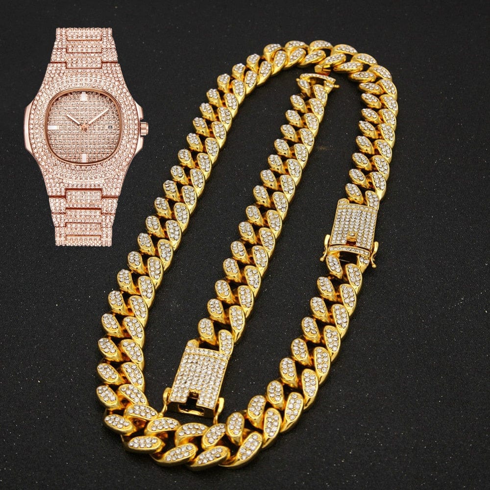VVS Jewelry hip hop jewelry rose gold set / 18" VVS Jewelry Cuban Chain & Cuban Bracelet Bundle + Free OG Bust Down Watch