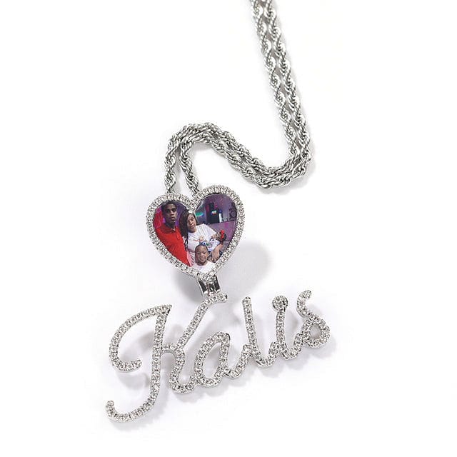 VVS Jewelry hip hop jewelry Silver / 10 letters / 20in Tennis Chain Custom Heart Photo Pendant with Cursive Letter Pendant Necklace