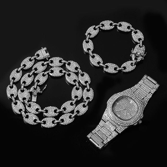 VVS Jewelry hip hop jewelry Silver 3pcs kit Gold/Silver Pig nose chain + Bracelet + FREE watch Set