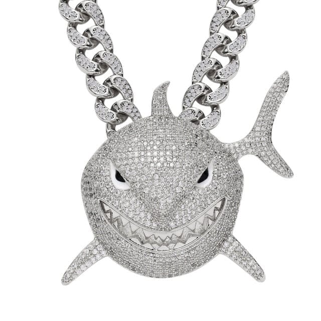 VVS Jewelry hip hop jewelry Silver / Cuban Chain / 18 Inch Shark 6IX9INE Bling Pendant Necklace