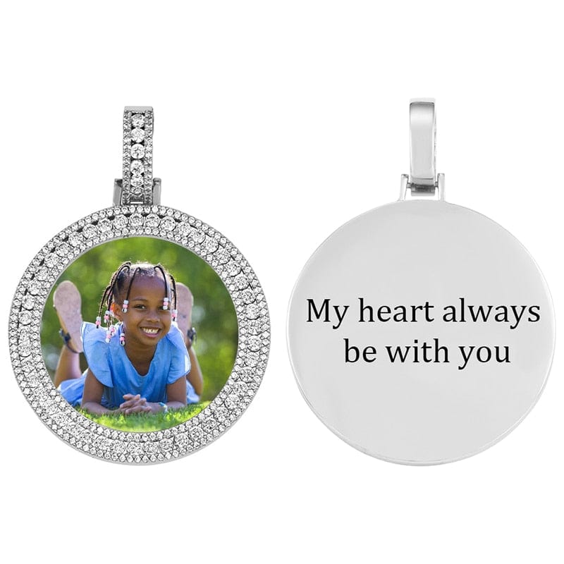 VVS Jewelry hip hop jewelry Silver-Engraved / Cuban Chain / 18 Inch Custom Round Stone Photo Pendant + FREE backside engraving