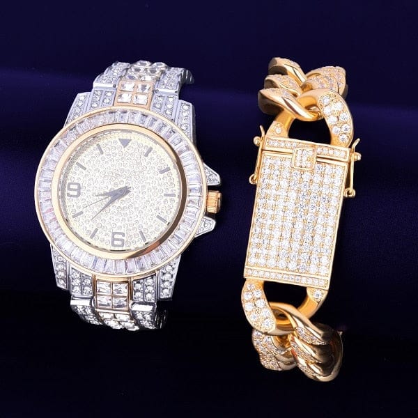 VVS Jewelry hip hop jewelry Silver-Gold 40mm Dial Iced Baguette Military Watch with Cuban Bracelet Bundle