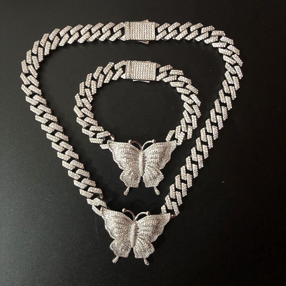 VVS Jewelry hip hop jewelry Silver Icy Cuban Butterfly Choker Necklace + FREE butterfly bracelet