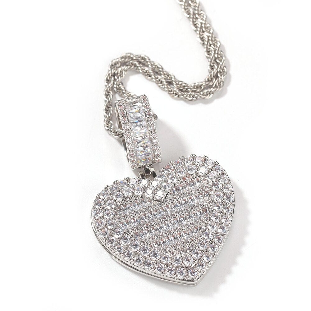 VVS Jewelry hip hop jewelry Silver / Rope chain / 16 inches Custom Photo Locket Baguette Heart Pendant