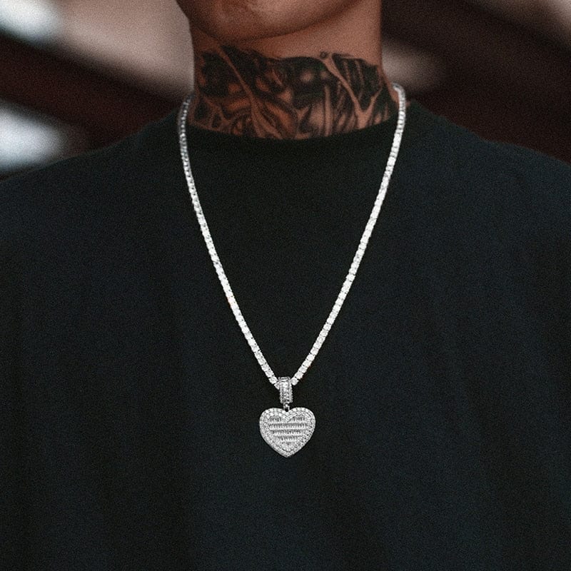 VVS Jewelry hip hop jewelry Silver / Rope Chain / 18inch Fully Iced Custom Heart Baguette Picture Pendant