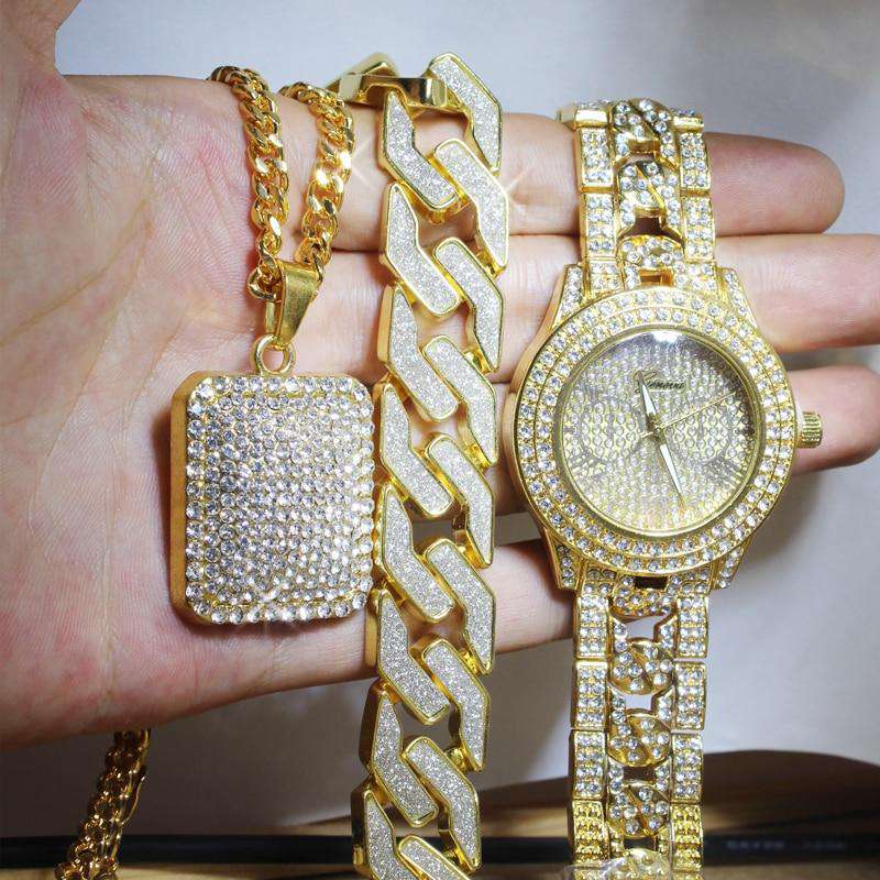VVS Jewelry hip hop jewelry Swaggy Ice Out Watch + Necklace + Bracelet Bundle