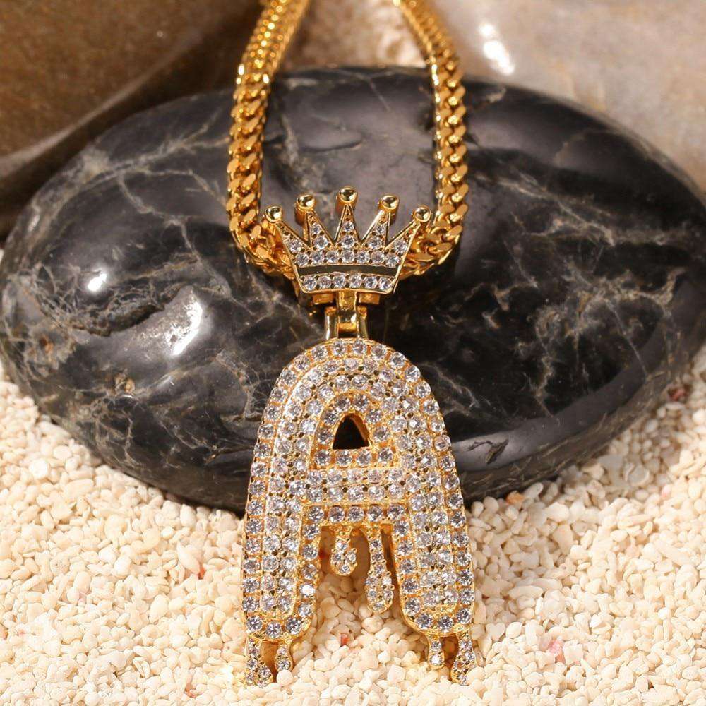 VVS Jewelry hip hop jewelry V / Gold / 20inch Rope chain Gold/Silver Crown Ice Drip Bubble Initial Letter Pendant Necklace
