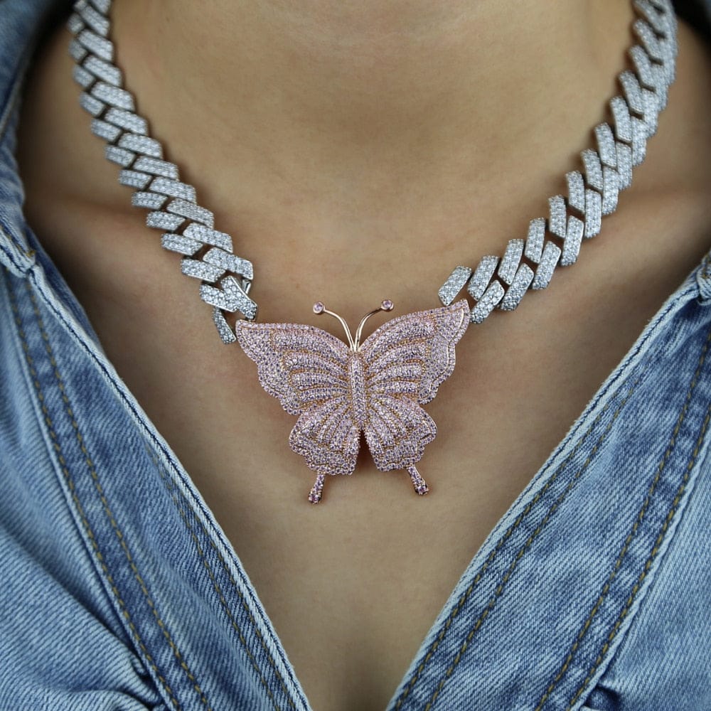 VVS Jewelry hip hop jewelry VVS Jewelry Pink Silver Butterfly Miami Cuban Choker